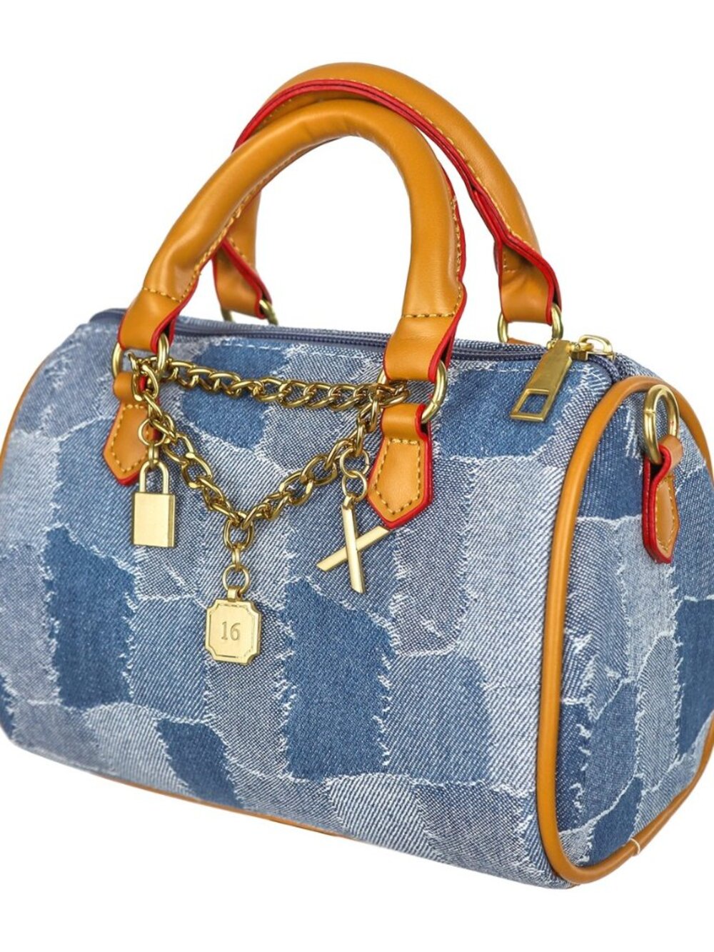 Mini Small Denim Purse Jean Boston Barrel Bags Quilted Checkered Top Handle